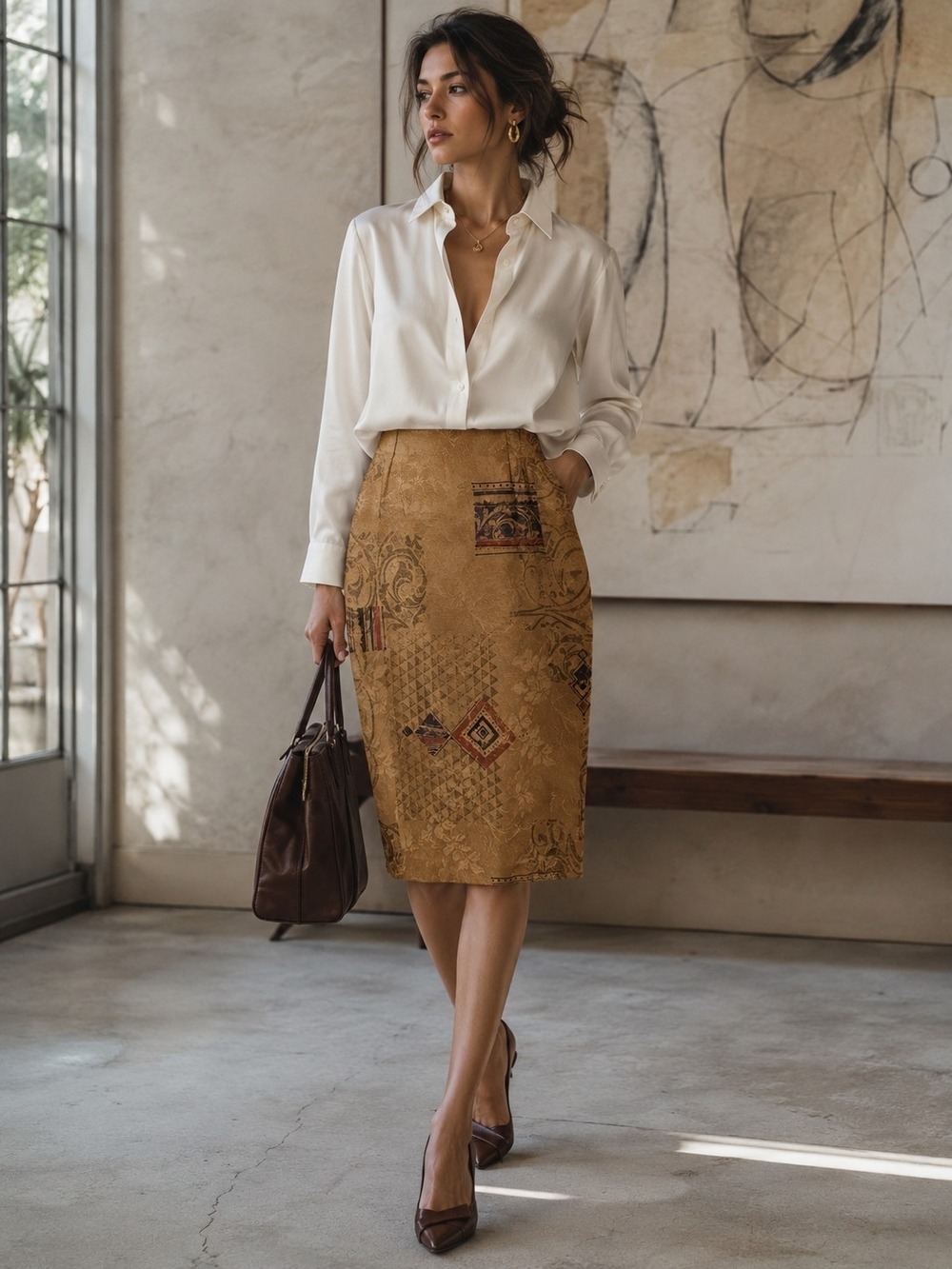 AbstractArt Jacquard PencilSkirt Midi Office BusinessCasual ArtsyBoho Minimalist